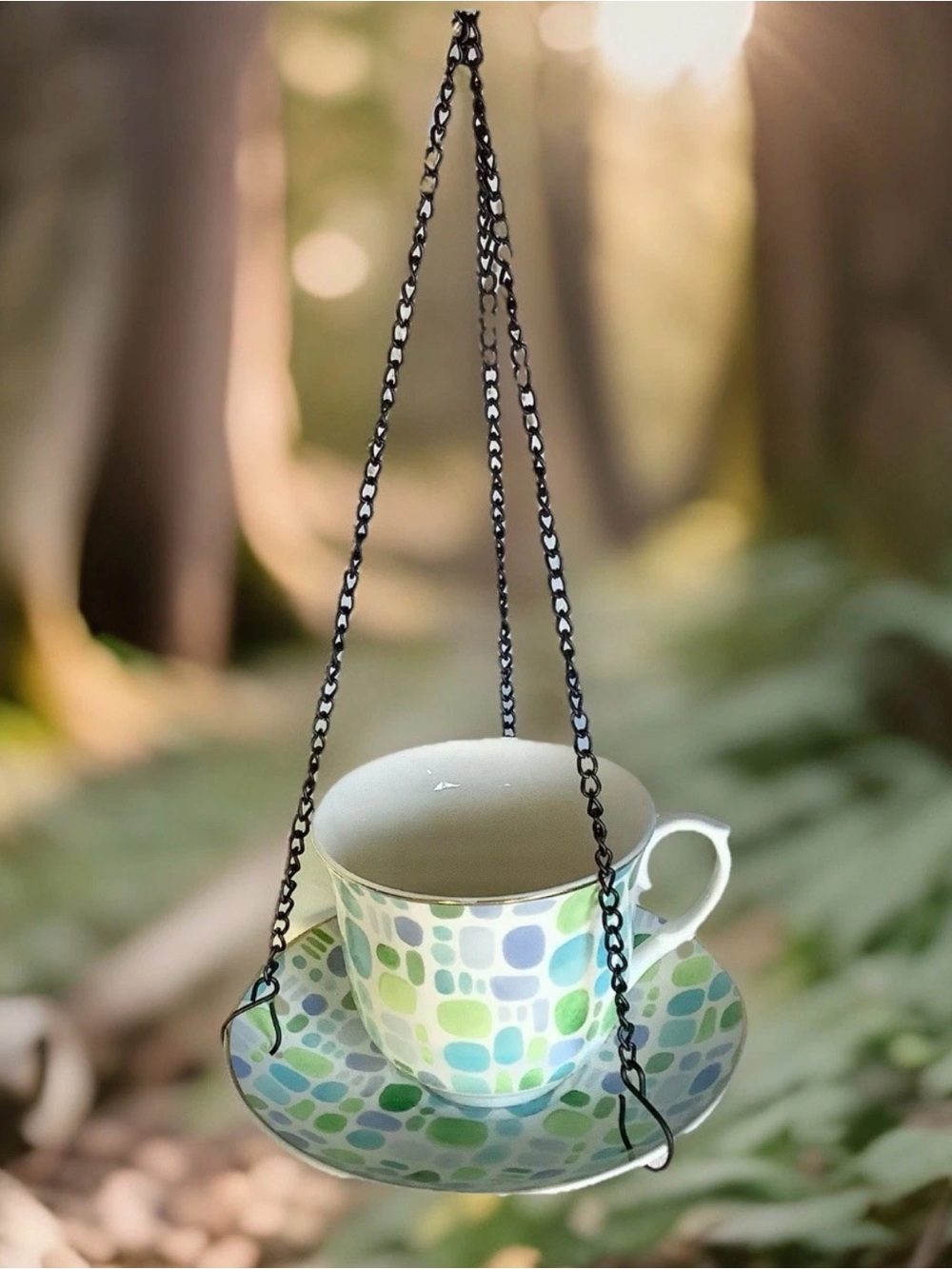 Teacup Bird Feeder Hanging Chain Hello Spring Garden Tea Cup